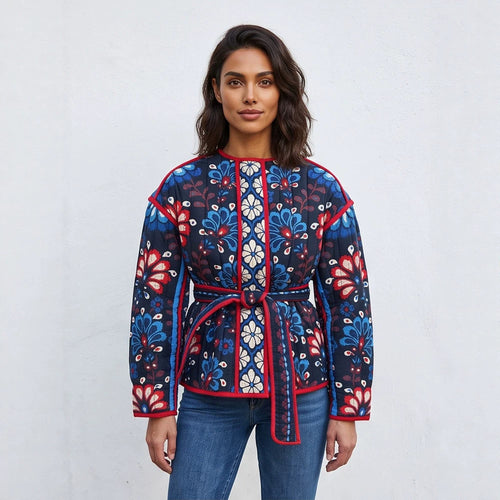 Damen Taillierte gestepptte Jacquard‑Baumwolljacke mit folklorem Blumenmuster & Bindegürtel Shop Nory