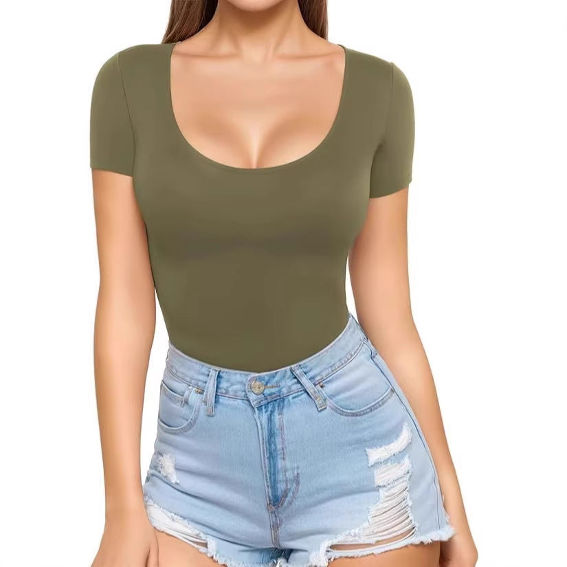 Damen figurbetontes Kurzarm-Body mit rundem Ausschnitt und nahtlosem Design