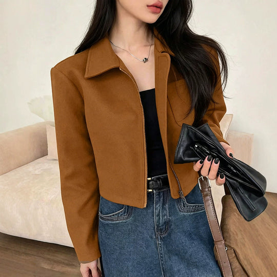 Damen Kurzjacke aus Wildlederimitat mit Reißverschluss und Hemdkragen Shop Nory