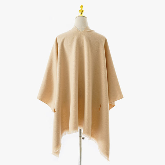 Damen Wickelponcho mit Bindegürtel, V-Ausschnitt und Fransensaum Shop Nory