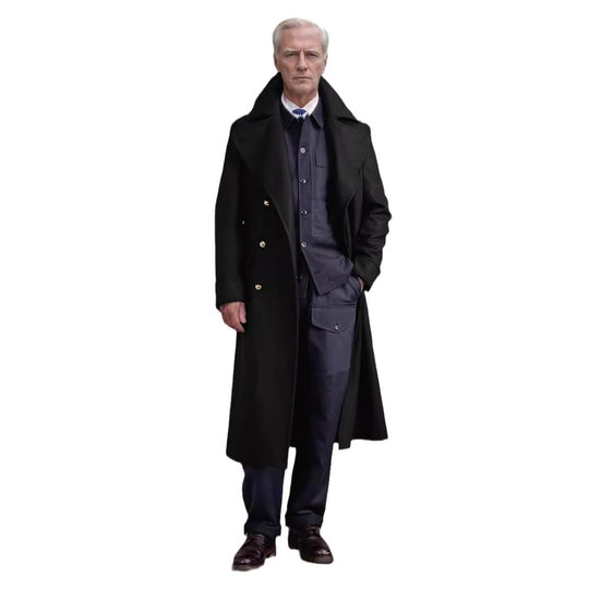 Herren Longline-Mantel im Military‑Look mit breitem Schalkragen und markanten Zierknöpfen Shop Nory