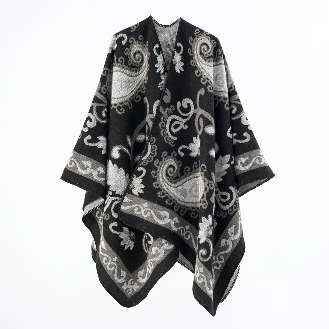 Damen Wollmix-Poncho-Umhang mit Paisley-Jacquard und Ziernaht Shop Nory