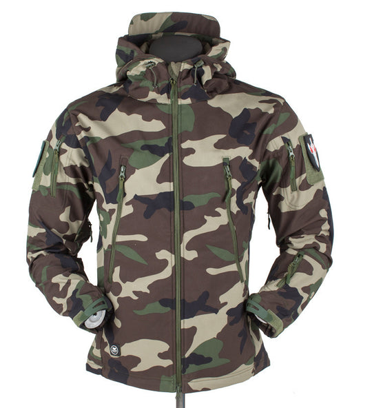 Herren Taktische Softshelljacke mit Kapuze, Tarnmuster und Mehrfach-Reißverschlusstaschen Shop Nory