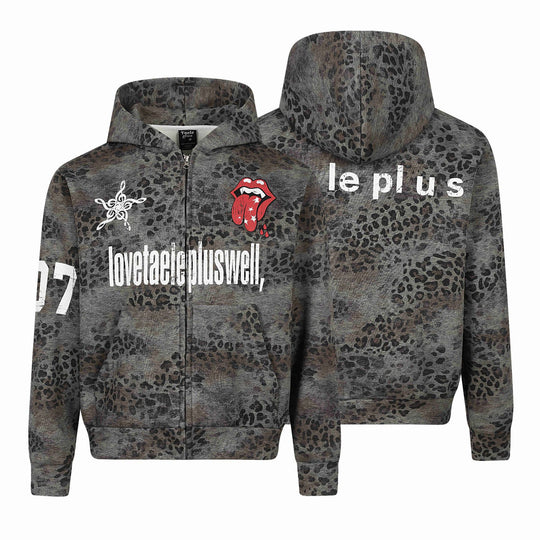 Damen Kapuzenjacke mit durchgehendem Reißverschluss, Leoparden-Print und großflächigen Grafik-Prints Shop Nory