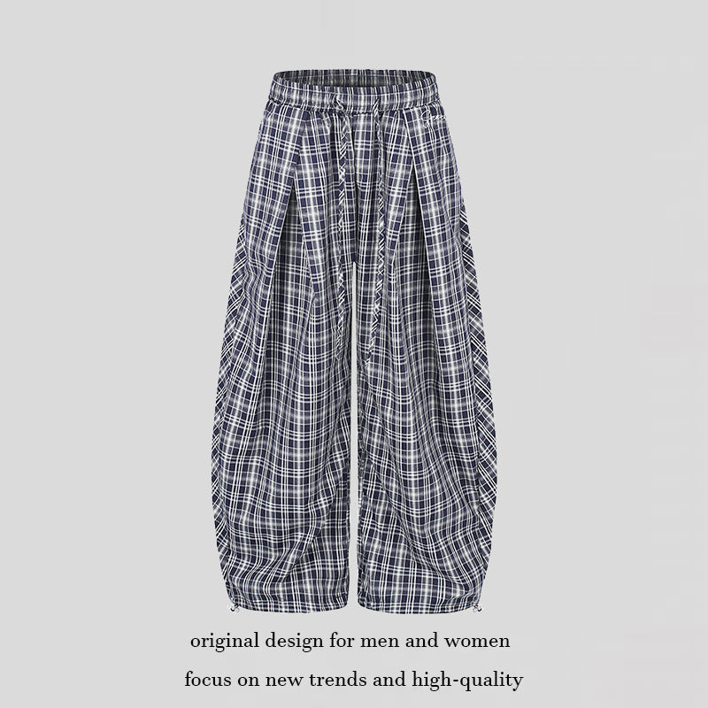 Damen Weite Harem-Ballonhose mit elastischem Bund, Kordelzug und Karomuster Shop Nory