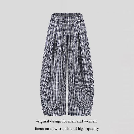 Damen Weite Harem-Ballonhose mit elastischem Bund, Kordelzug und Karomuster Shop Nory