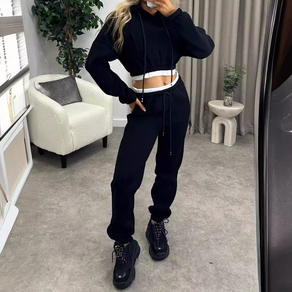 Damen Kurzschnitt-Kapuzenpullover und Hochtaillierte Jogginghose Set Shop Nory