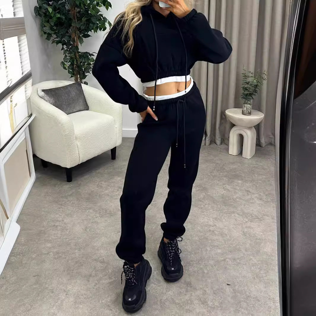 Damen Kurzschnitt-Kapuzenpullover und Hochtaillierte Jogginghose Set Shop Nory