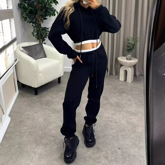 Damen Kurzschnitt-Kapuzenpullover und Hochtaillierte Jogginghose Set Shop Nory