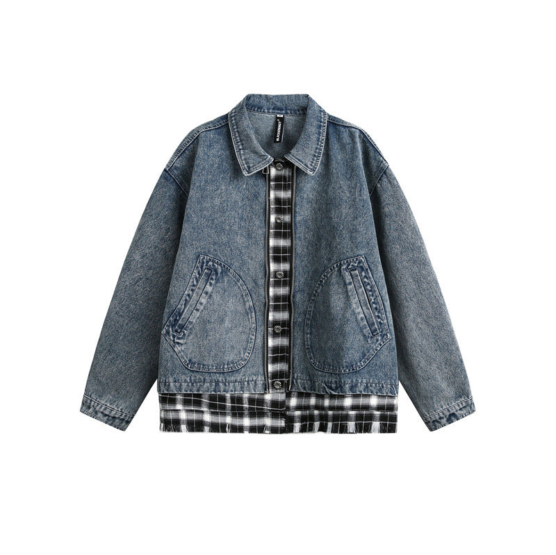 Unisex Kastig geschnittener Denim-Blouson im Lagenlook mit karierter Innenlage Shop Nory