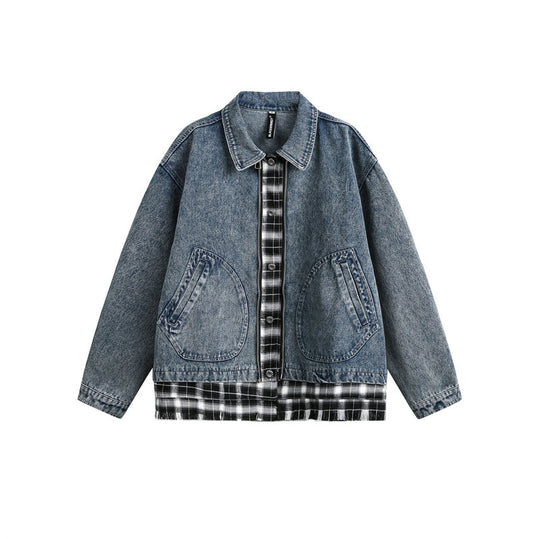 Unisex Kastig geschnittener Denim-Blouson im Lagenlook mit karierter Innenlage Shop Nory