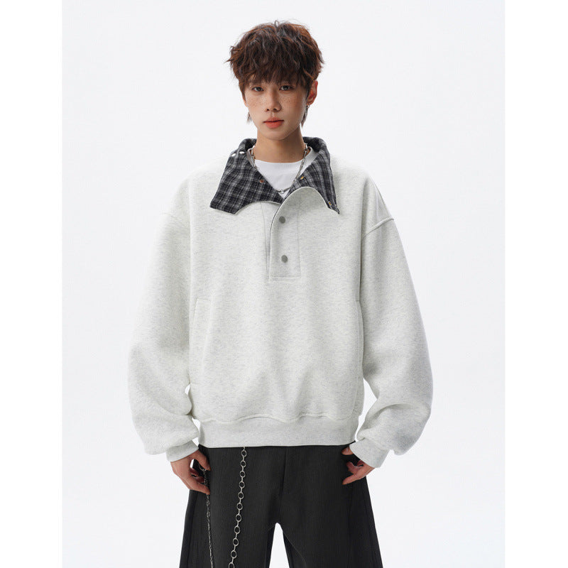 Unisex Oversized Sweatshirt mit abnehmbarem Karo-Kragen und Druckknopfleiste Shop Nory