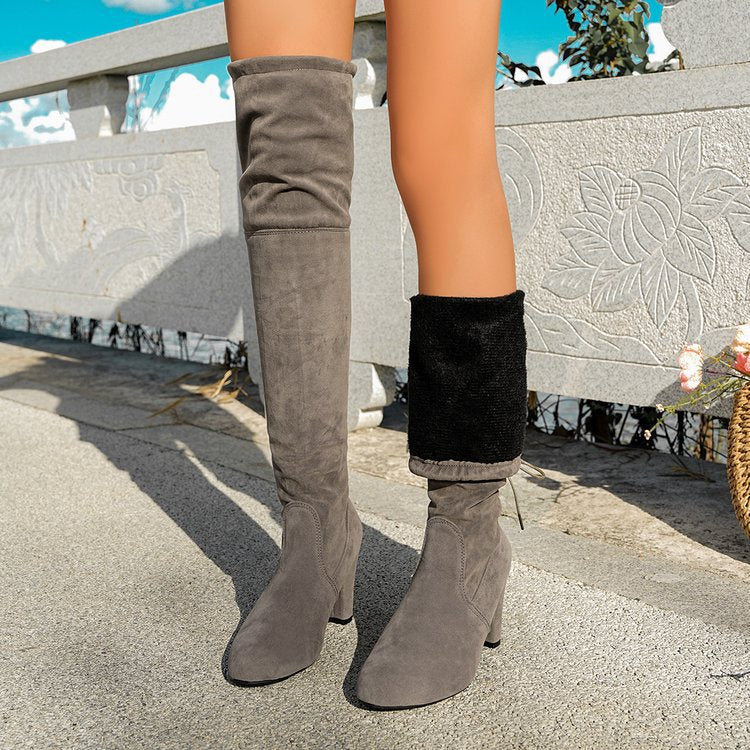 Damen Overknee-Stiefel mit geschwungenem Blockabsatz und weichem Veloursimitat Shop Nory