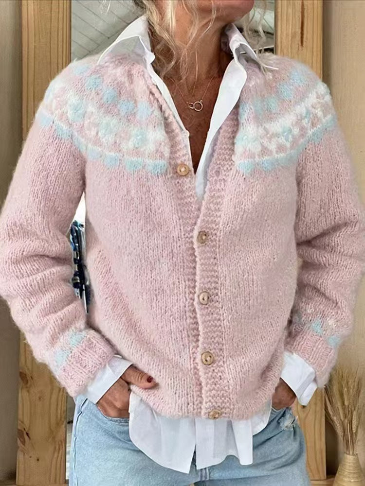 Damen nan gemusterte Strickjacke mit Rundpasse, Holzknöpfen und Eingrifftaschen Shop Nory