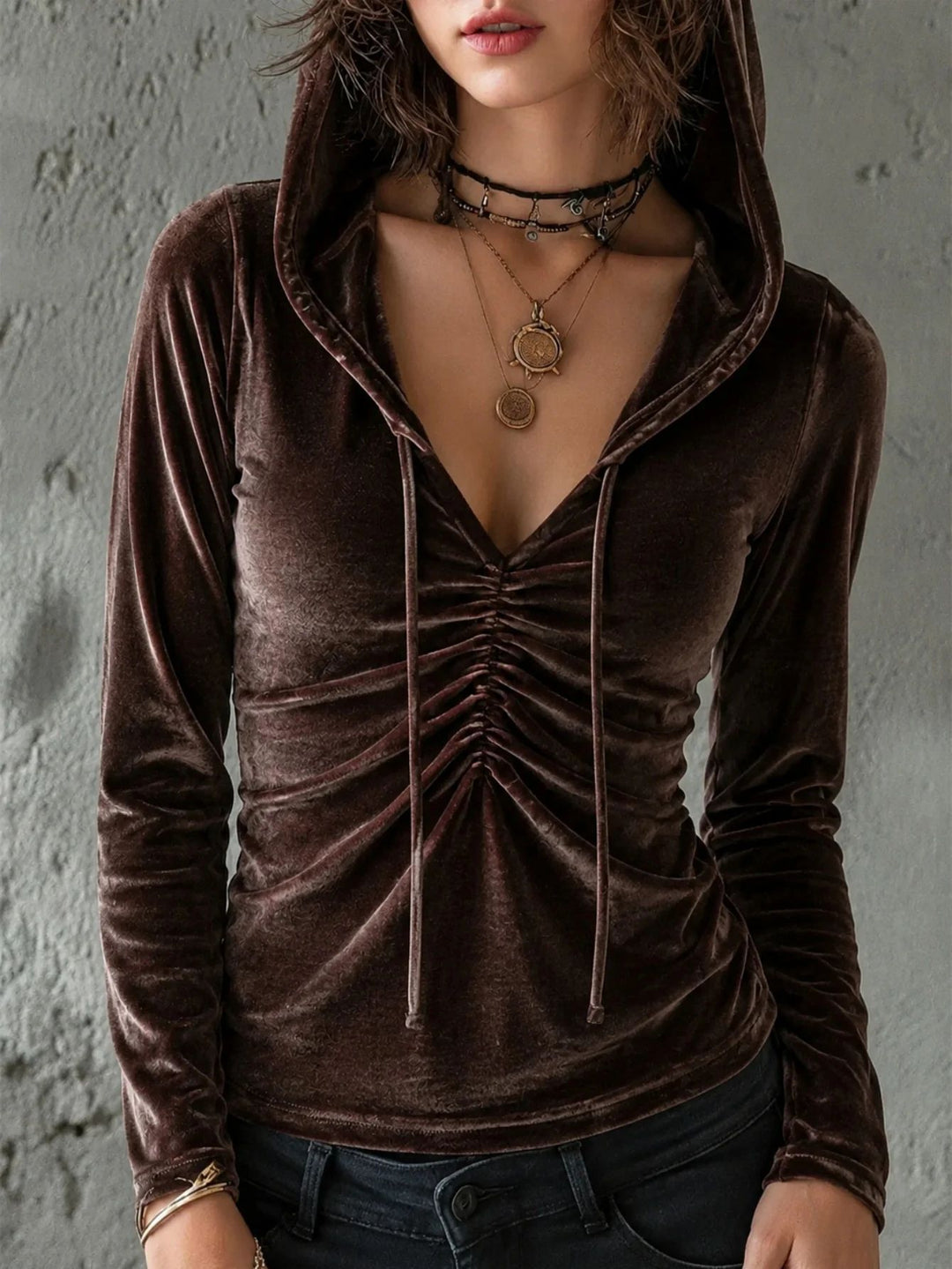 Damen Samt-Hoodie-Shirt mit geraffter V‑Ausschnitt‑Front Shop Nory