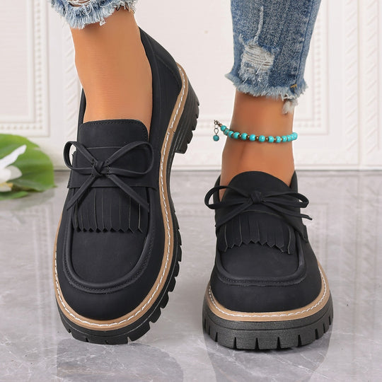 Damen modische Fransen-Loafer mit dekorativer Schleife und grober Profilsohle Shop Nory