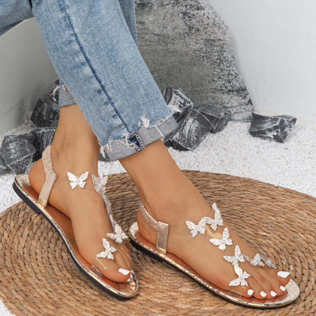 Damen Zehentrenner Sandalen mit funkelnden Schmetterlings-Applikationen Shopnory