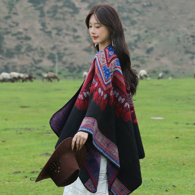 Damen Oversize-Poncho im Ethno-Jacquard mit V-Ausschnitt und strukturiertem Saum Shop Nory
