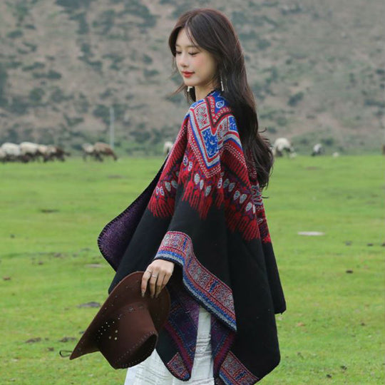 Damen Oversize-Poncho im Ethno-Jacquard mit V-Ausschnitt und strukturiertem Saum Shop Nory