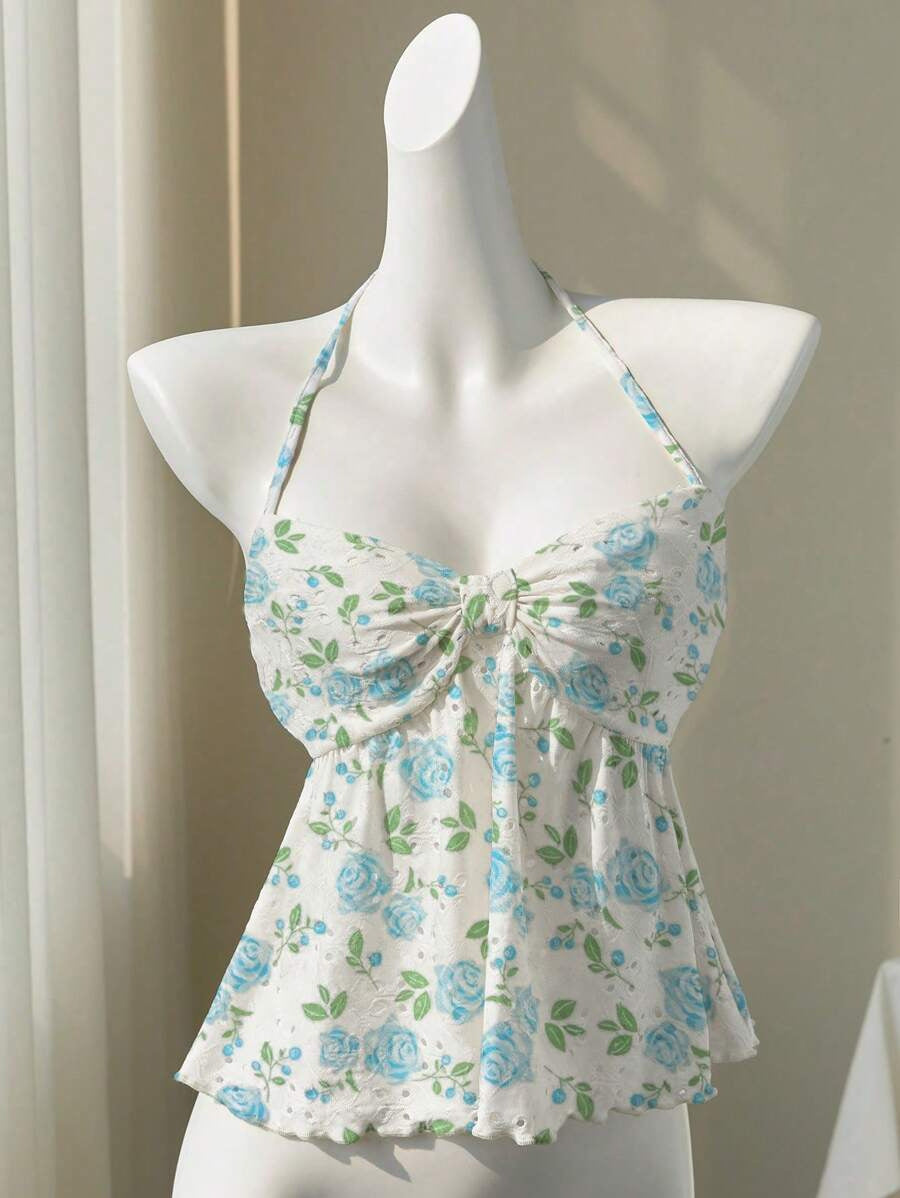 Damen romantisches Strandtop mit floralem Design und verspieltem Knoten