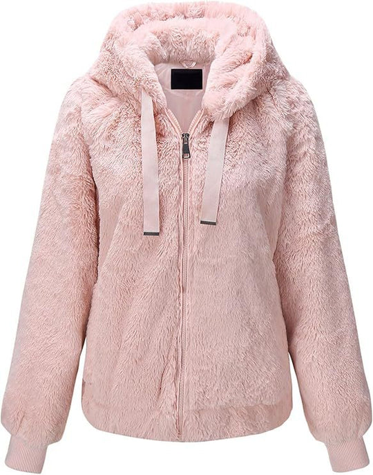 Damen Kapuzen‑Teddyjacke aus weichem Faux‑Fur mit Reißverschluss und Rippbündchen Shop Nory