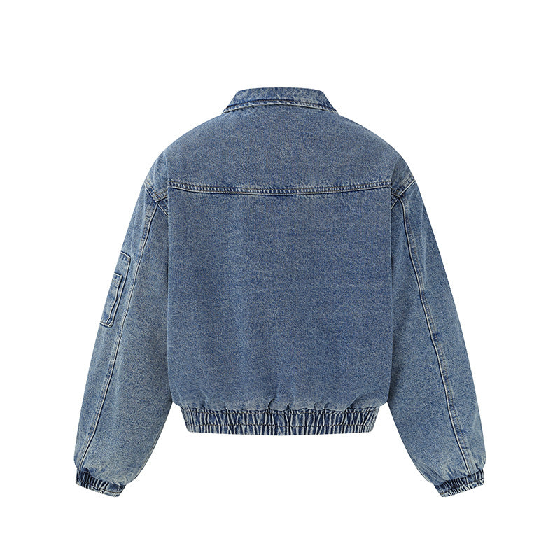 Unisex Boxy Denim‑Blousonjacke mit durchgehendem Reißverschluss, elastischem Saum und Ärmelutilitytasche Shop Nory