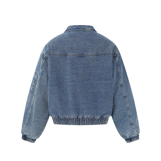 Unisex Boxy Denim‑Blousonjacke mit durchgehendem Reißverschluss, elastischem Saum und Ärmelutilitytasche Shop Nory