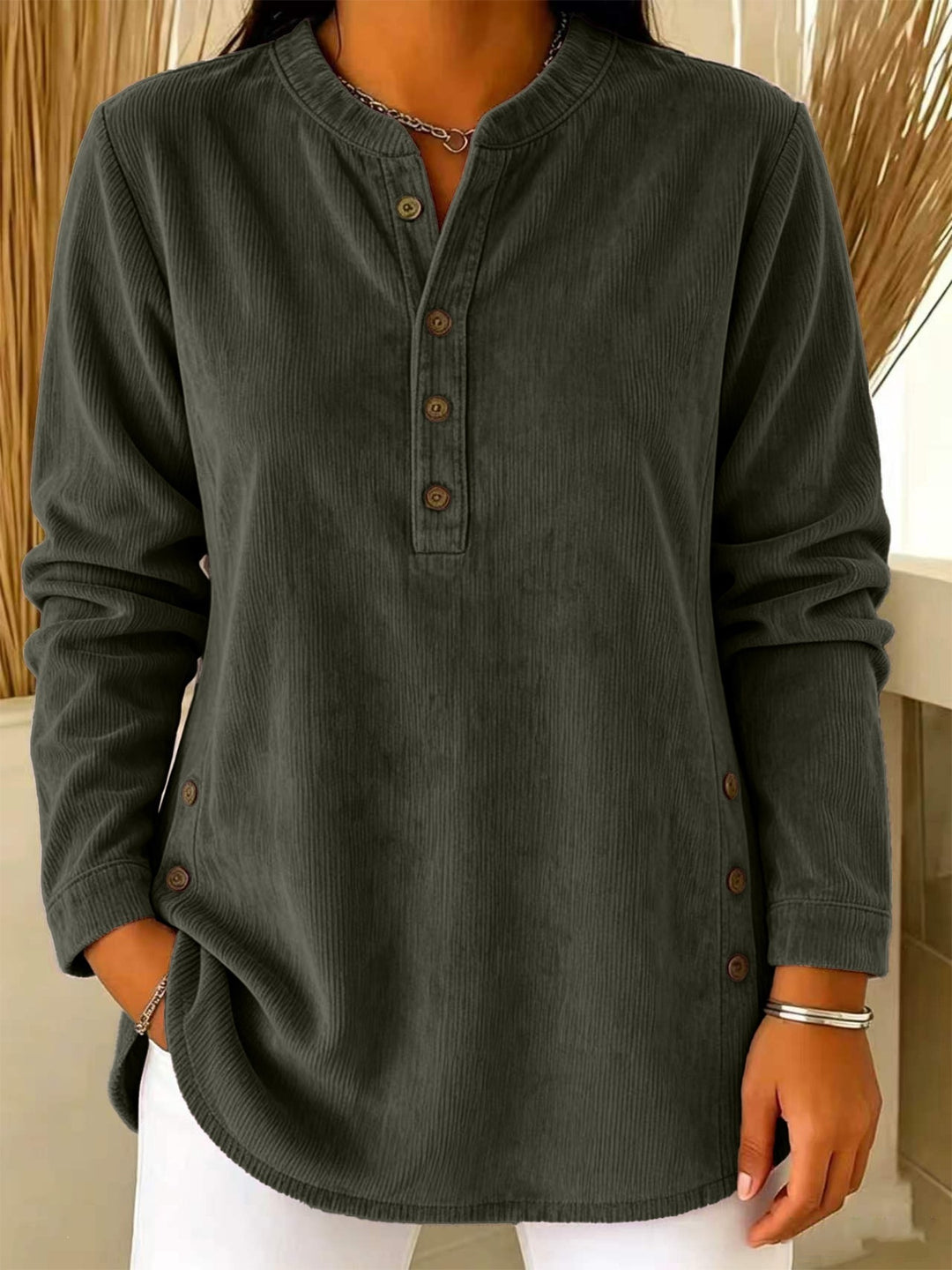 Damen Lässige Cordoptik‑Tunika mit Henley‑Kragen und Seitenknöpfen Shop Nory