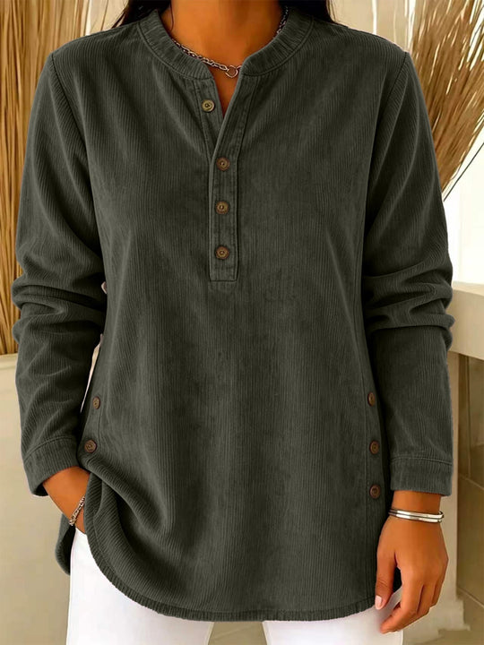 Damen Lässige Cordoptik‑Tunika mit Henley‑Kragen und Seitenknöpfen Shop Nory