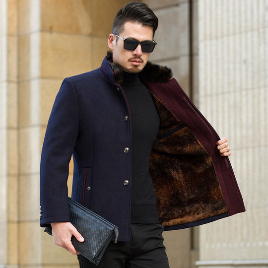 Herren Wollmantel mit warmem Kunstpelz-Futter und Stehkragen Shop Nory