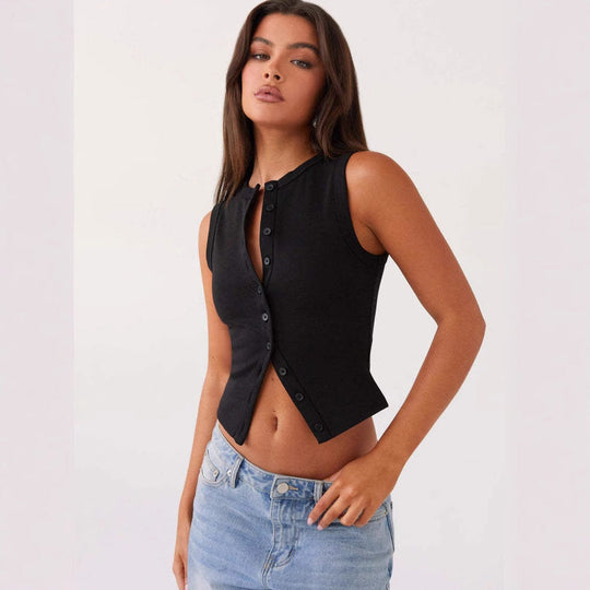 Damen Ärmelloses Knopfoberteil mit Rippstruktur Shopnory