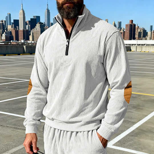 Herren Cord-Struktur-Halbzip-Pullover im Relaxed-Fit mit Stehkragen und Ellbogen-Patch Shop Nory