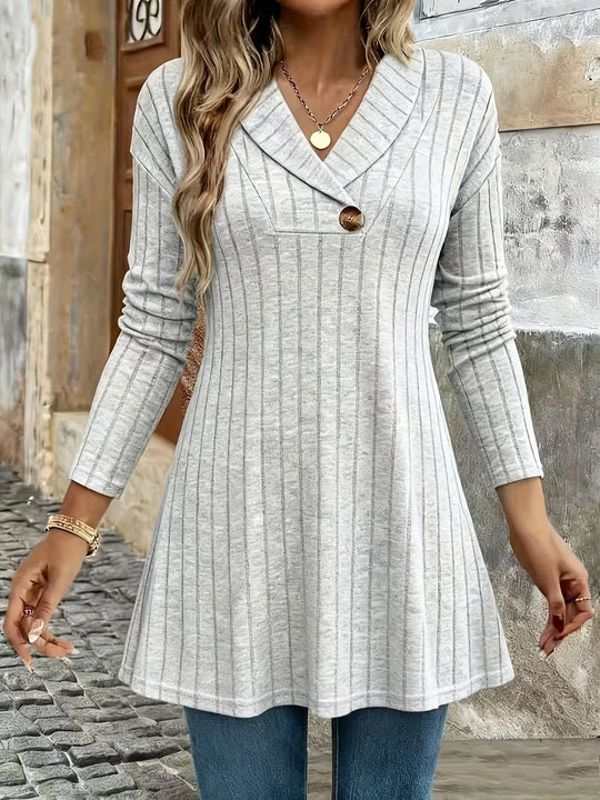 Damen Gestricktes A‑Linien‑Tunika‑Kleid mit Schalkragen und Zierknopf Shop Nory