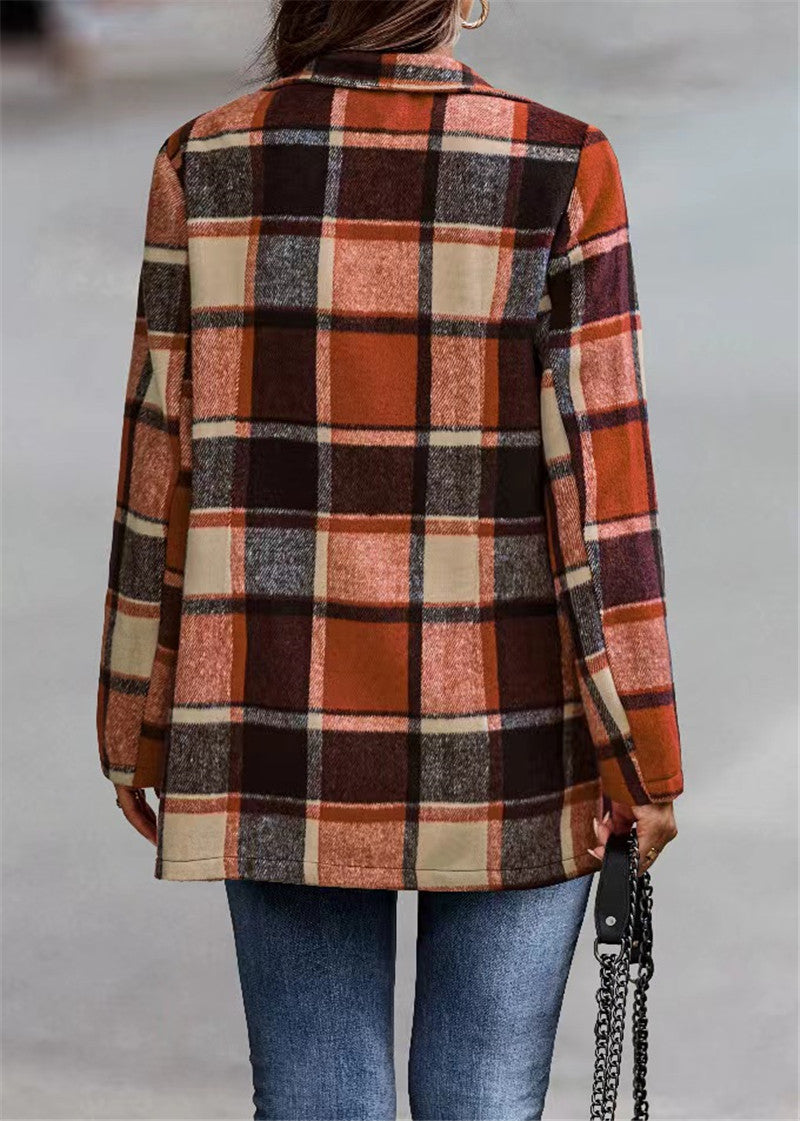 Damen Kariertes Longblazer‑Shacket ohne Kragen, offen geschnitten Shop Nory