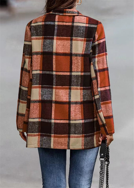 Damen Kariertes Longblazer‑Shacket ohne Kragen, offen geschnitten Shop Nory