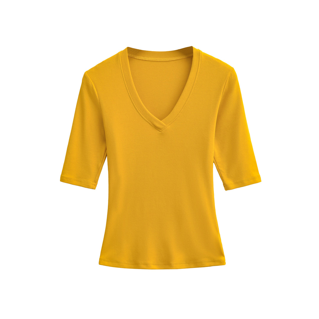 Damen Figurbetontes V‑Ausschnitt Dreiviertelarm Feinripp-Top aus Stretchjersey Shop Nory