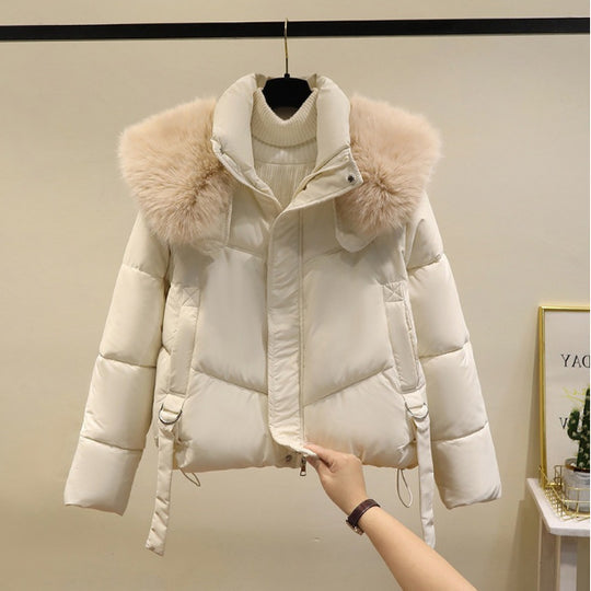 Damen nan kurze Thermo-Pufferjacke mit abnehmbarem Webpelzkragen, hochschließendem Stehkragen und Tunnelzugsaum Shop Nory