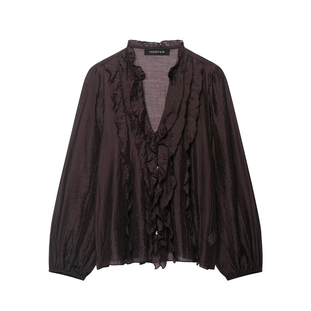Damen Transparente Crinkle-Bluse mit Volantkragen, Rüschenfront und Ballonärmeln Shop Nory