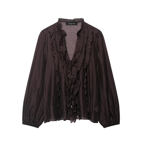 Damen Transparente Crinkle-Bluse mit Volantkragen, Rüschenfront und Ballonärmeln Shop Nory