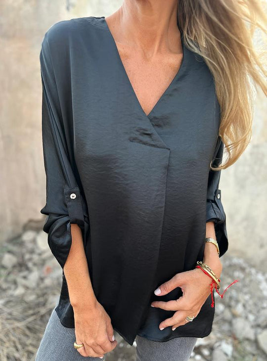 Damen Leichtes V-Ausschnitt Tunika-Bluse mit aufgekrempelten Ärmeln und lockerer Passform Shop Nory
