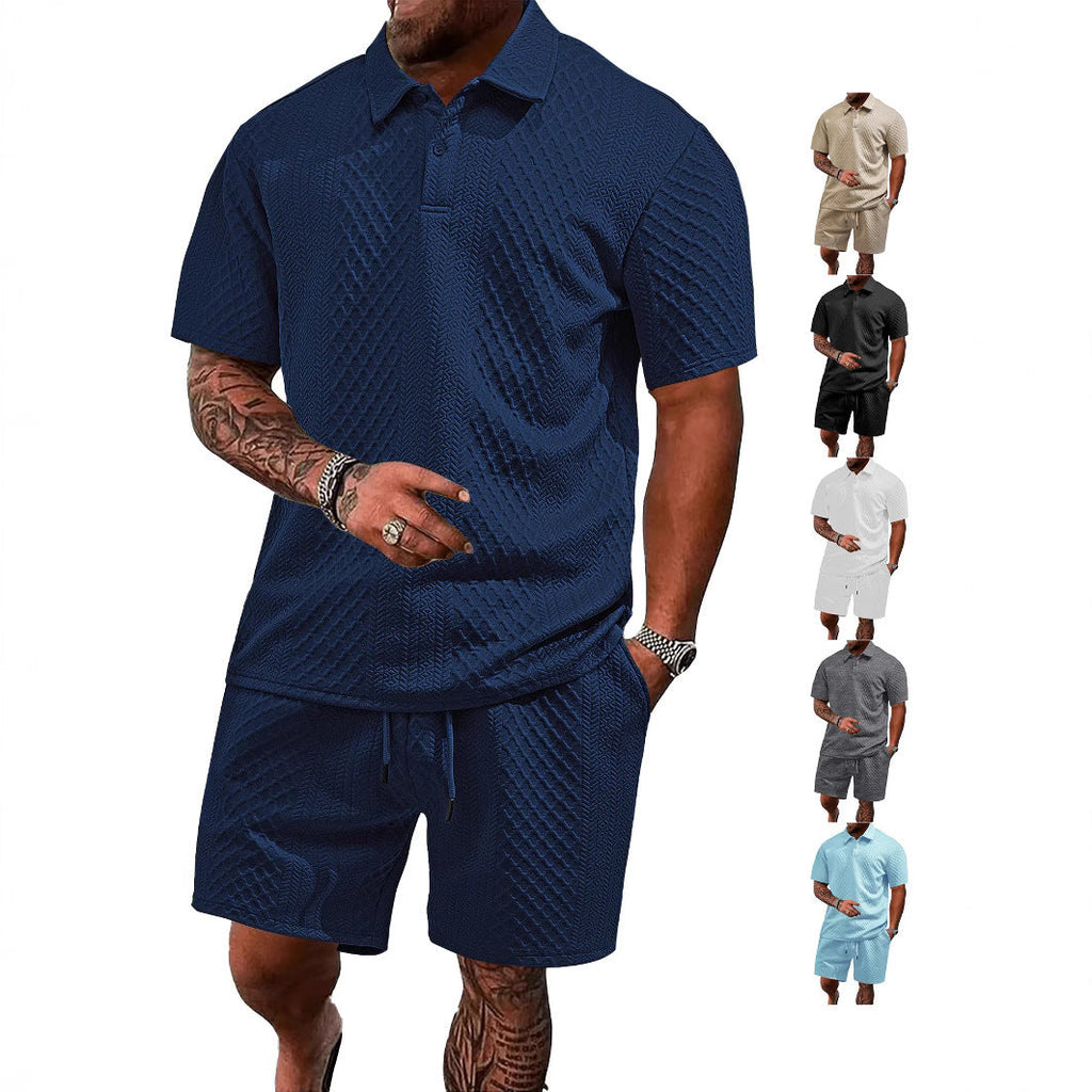 Herren nan geprägtes Waffel-Polo mit Kentkragen und elastischer Tunnelzugshorts im Set