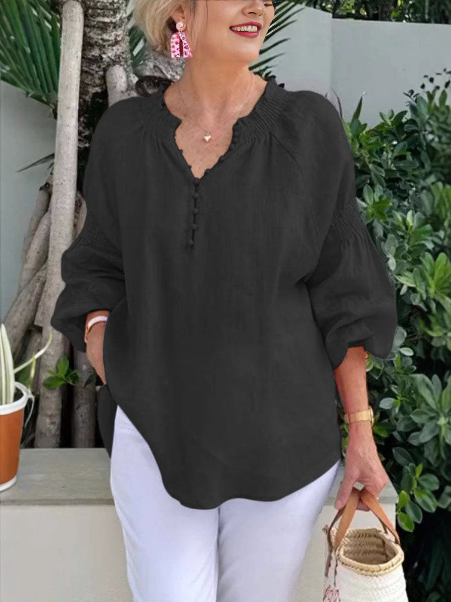 Damen lässige Kleidungsbluse mit Ballonärmeln und Knopfleiste