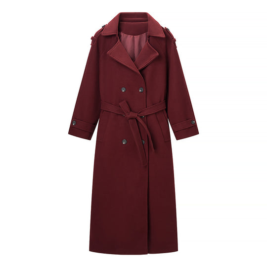 Damen Maxilanger Wollmix-Trenchcoat mit Schulterpasse, Bindegürtel und Krempelärmeln Shop Nory