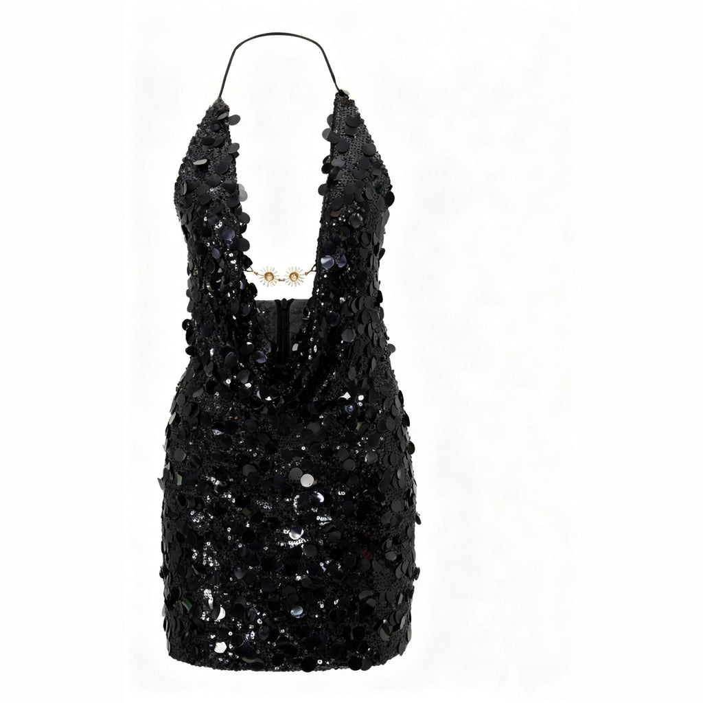 Damen Glitzerndes Minikleid mit tiefem V-Ausschnitt und Troddel-Applikationen Shopnory