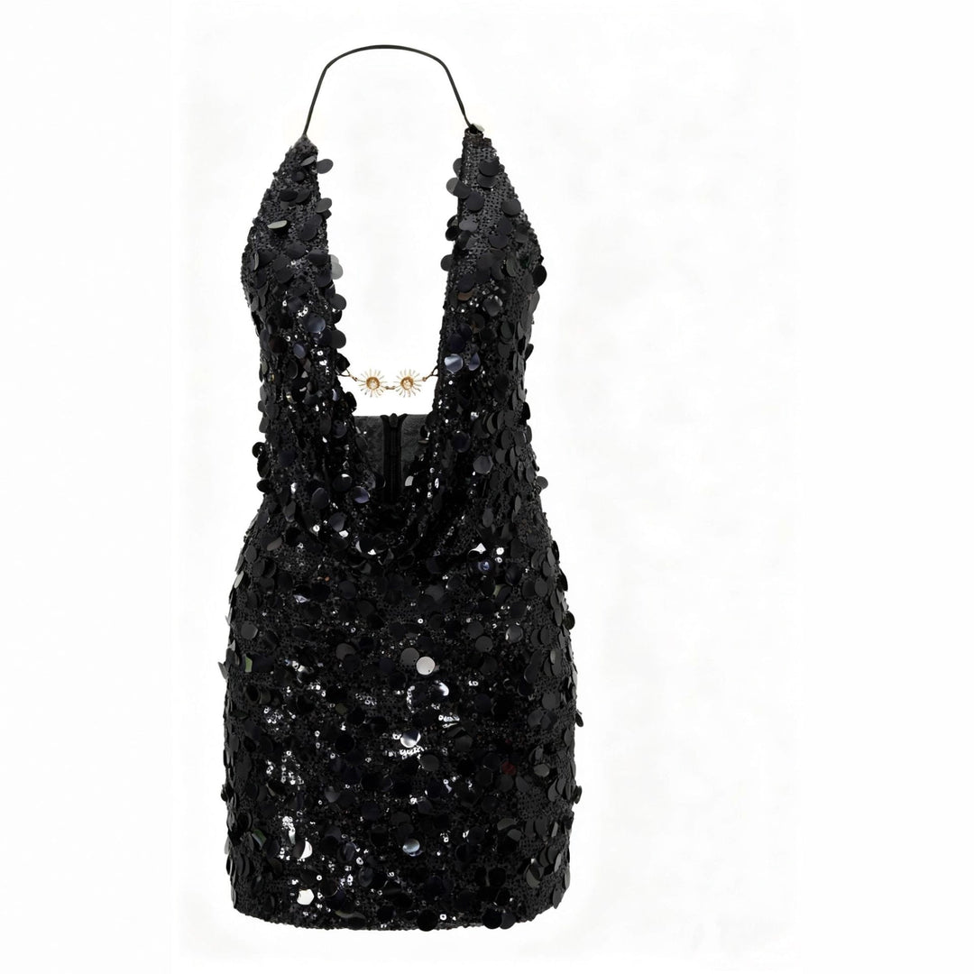 Damen Glitzerndes Minikleid mit tiefem V-Ausschnitt und Troddel-Applikationen Shopnory