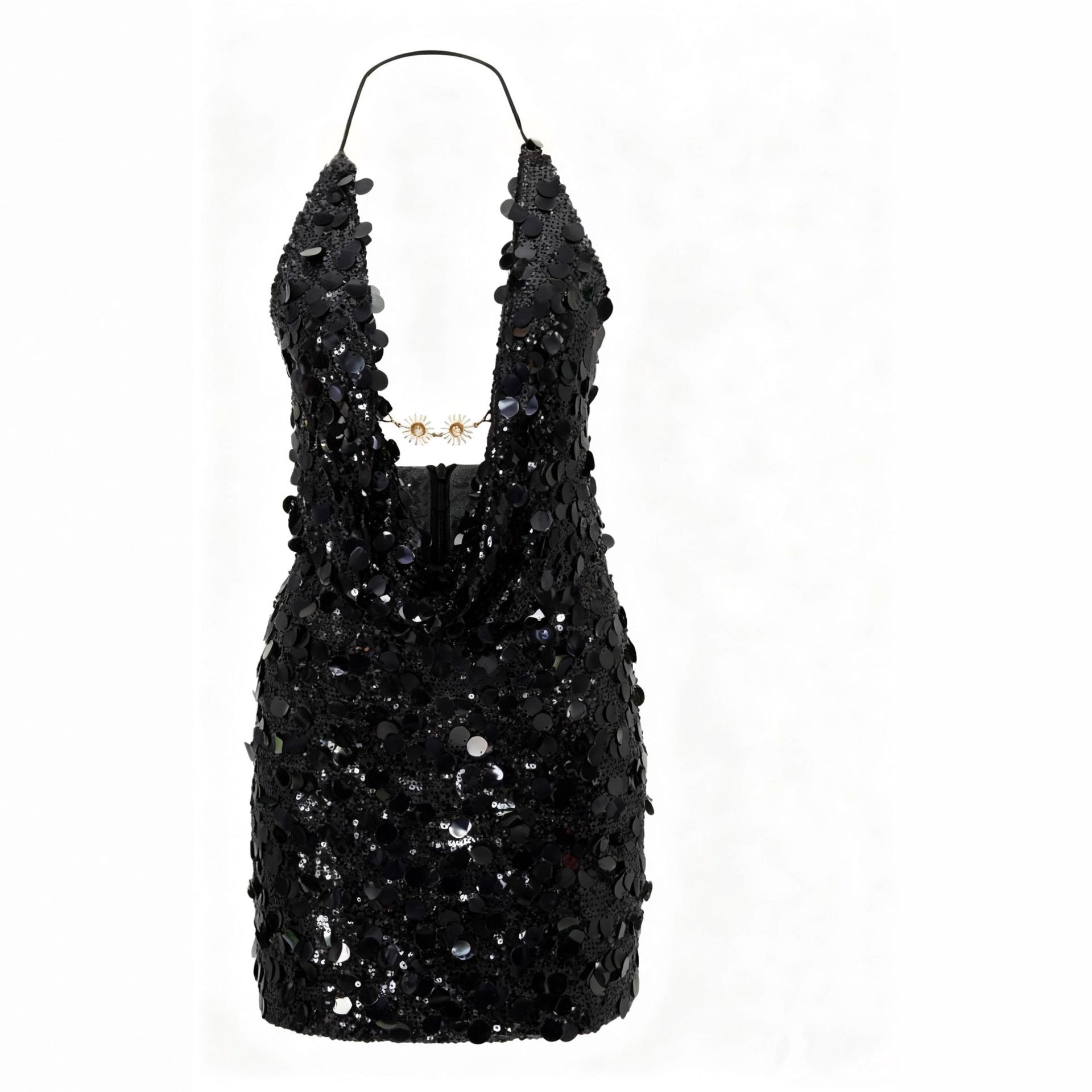 Damen Glitzerndes Minikleid mit tiefem V-Ausschnitt und Troddel-Applikationen Shopnory