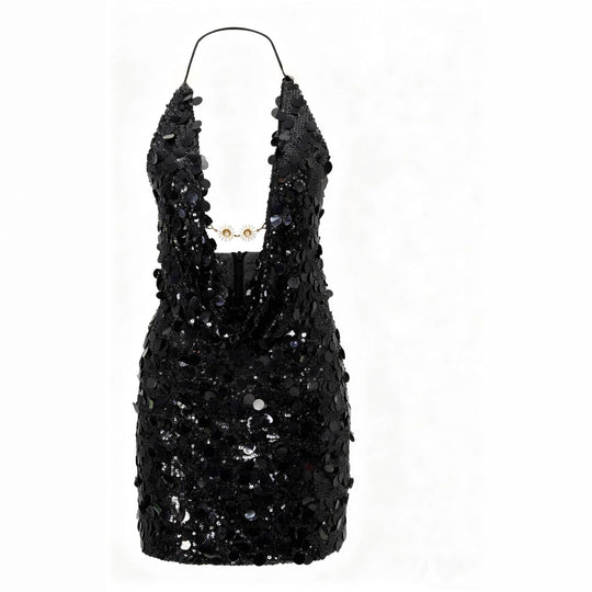 Damen Glitzerndes Minikleid mit tiefem V-Ausschnitt und Troddel-Applikationen Shopnory