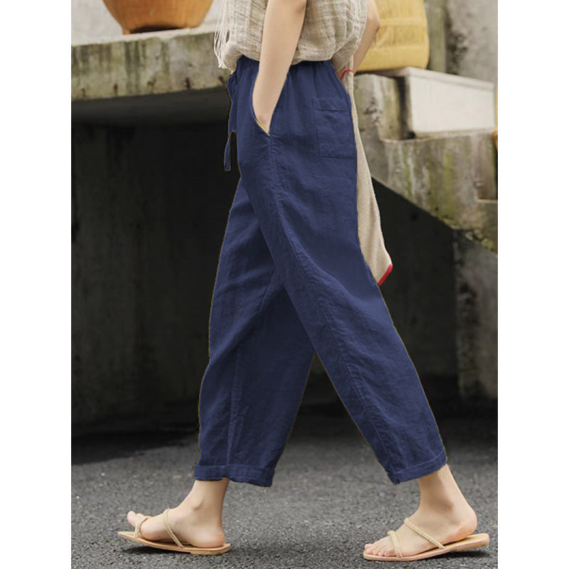 Damen lässige Leinenhose mit elastischem Bund und seitlichen Taschen ShopNory