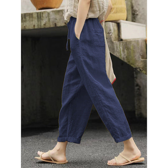 Damen lässige Leinenhose mit elastischem Bund und seitlichen Taschen ShopNory