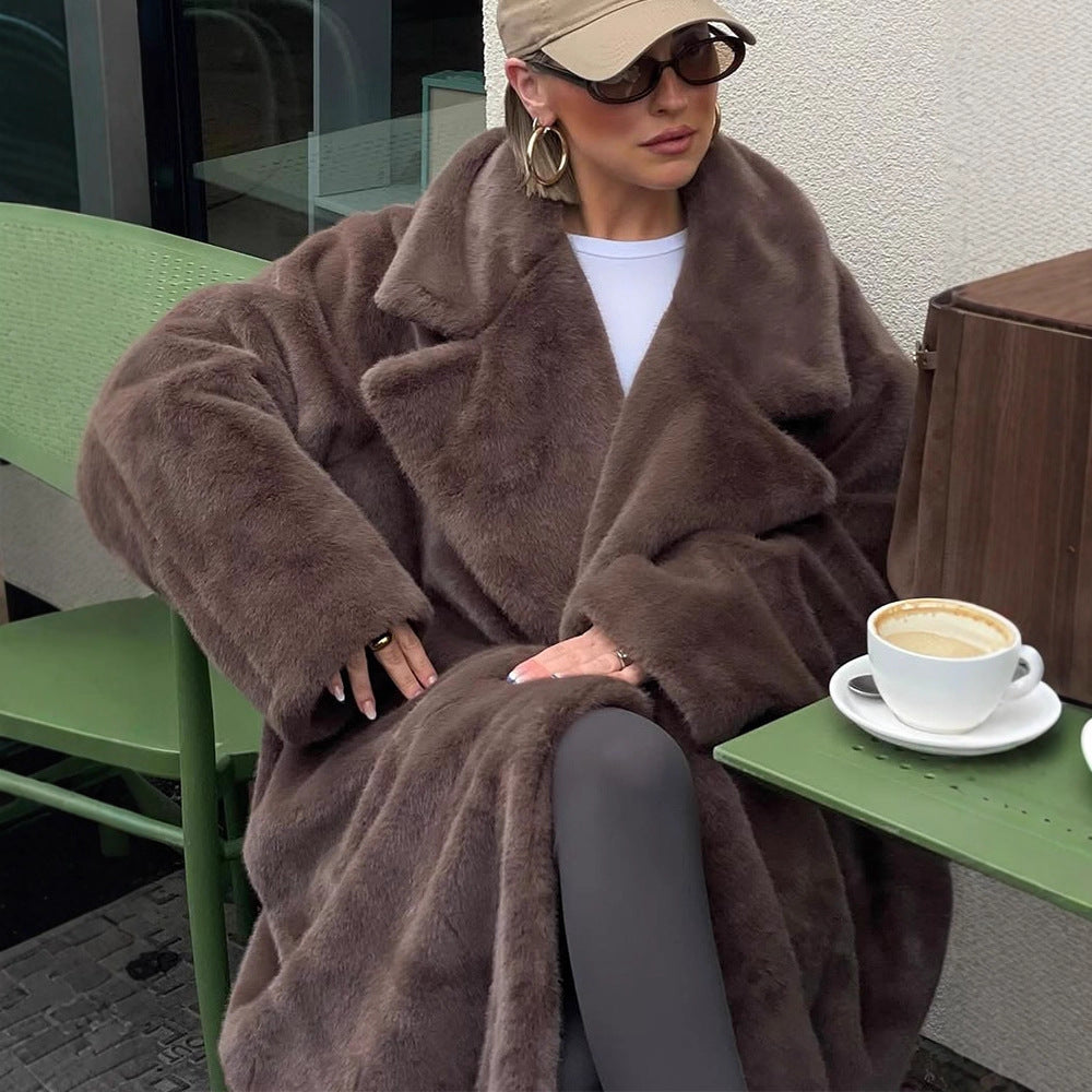 Damen Oversize Kunstfell-Maximantel mit weitem Revers Shop Nory